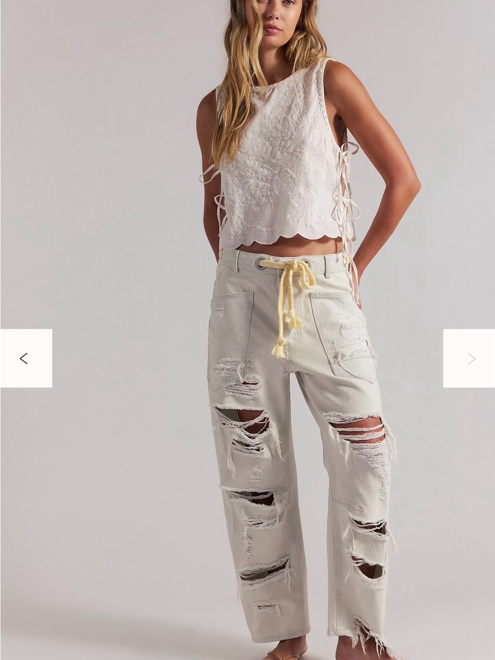 Free people Distressed Light Cream Jeans Set